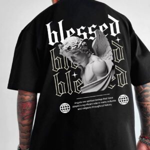 Buy - Oversize T Shirt for Men with Angel Graphic Back Print – Black Cotton Streetwear Tee - ASHBVJ87