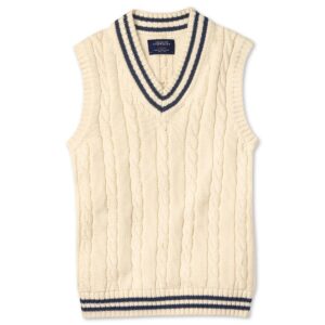 Cream Cable Knit Sleeveless V-Neck Vest for Men with Ribbed Hem & Contrast Stripe Detail