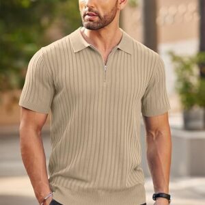 Polo T Shirt for Men in Ribbed Knit Fabric with Half Zip Collar – Slim Fit Beige Polo Tee
