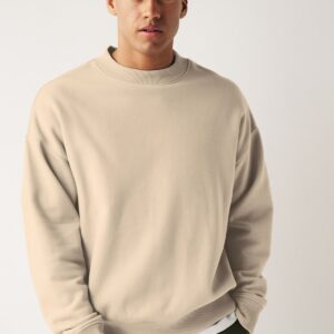 Solid Beige Crew Neck Cotton Blend Pullover for Men with Regular Fit & Full Sleeves