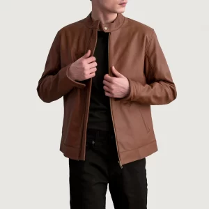 Jacket for Men in Brown with Mandarin Collar – Faux Leather Regular Fit Zip Jacket